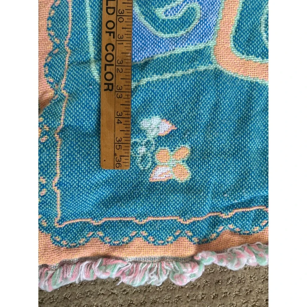 Vintage Precious Moments Baby Blanket Woven Tapestry Reversible Yellow Teal